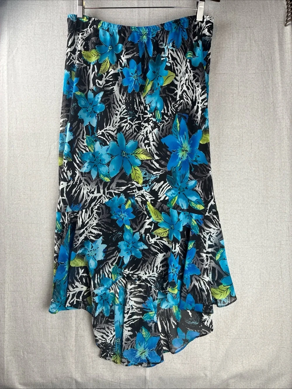 Chicos 3 Blue Floral Skirt Lined Hi Lo Ruffle Tropical Black Zebra Flouncy XL